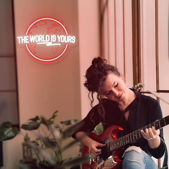 The World Is Yours Neon Sign Carved Planet Adjustable Brightness USB Powered LED Neon Signs for Wall Decor Light Up Signs for Bedroom Classroom Office Man Cave Game Room 41cm*31cm