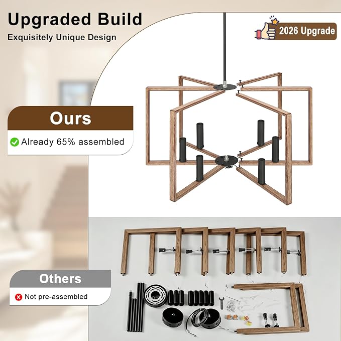 6 Light Rustic Chandelier, Dining Room Light Fixture, Brushed Rustic Wood | Metal Geometric Pendant Light with E12 base, Farmhouse Ceiling Hanging Light Fixture for Dining Room Kitchen Island Entryway