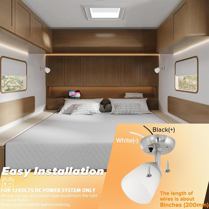 RV Reading Lights 12 Volt Interior Bedside Lamps with Switch Wall Sconces Light Fixtures 3000K-Warm White Lighting, 3W, 160 Lumens, 3.2x5.7 inch, Set of 2