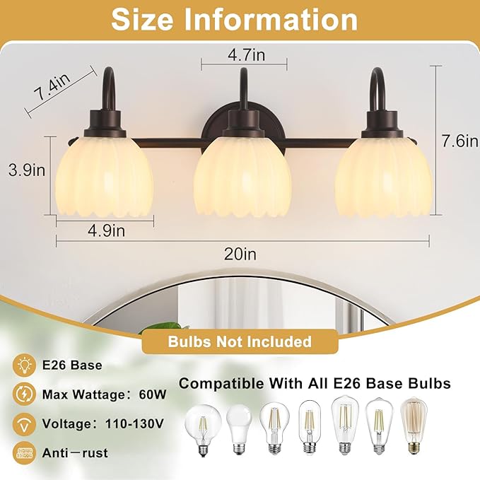 Bathroom Light Fixtures (3-Light, 20 Inch), Oil Rubbed Bronze Vanity Lights for Bathroom with Ribbed White Tulip Glass Shade, Vintage Vanity Wall Lights for Mirror Bedroom Living Room Hallway