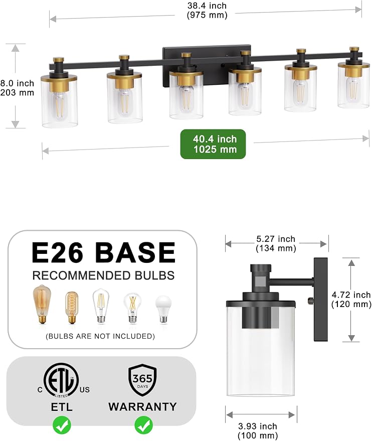 Bathroom Light Fixture, Bathroom Vanity Light Over Mirror, 6-Lights | Vanity Lights for Bathroom, Modern Lighting Fixtures with Clear Glass Shade, Black and Gold Vanity Lights, ETL Listed