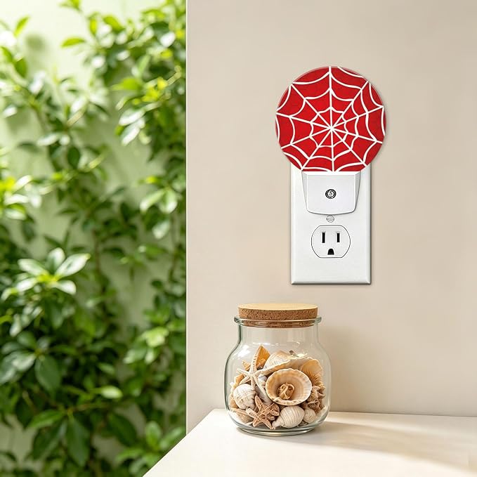 Nightlight Spider Web Night Lights Plug Into Wall Auto Sensor | Red Spiderweb Night Light Auto Led Sleep Round Lamp for Living Room Hallway Stairs