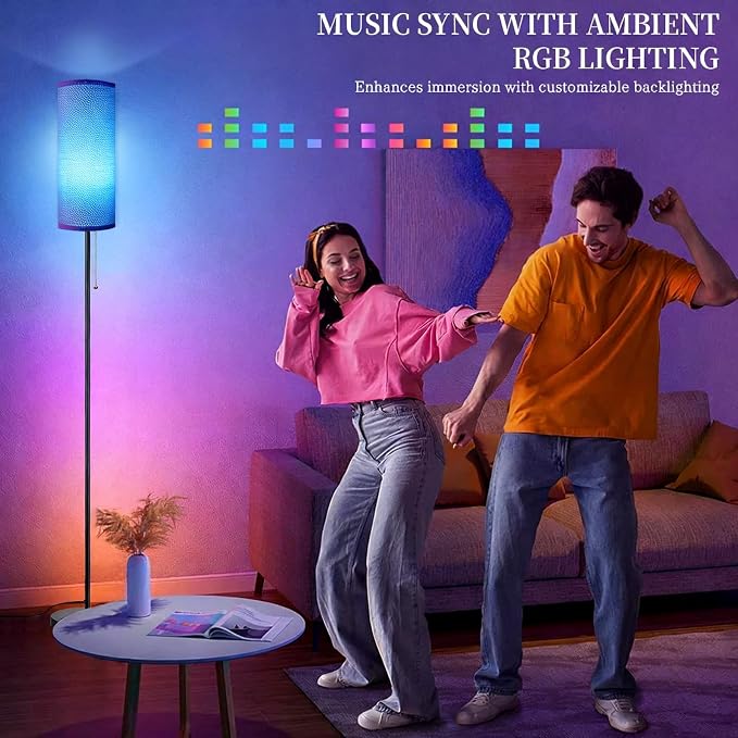 Floor Lamps for Living Room RGB Color Changing Bulbs Dimmable Color Brightness Modern Standing Lamp Remote Control Tall Lamp Chain Switch for Bedroom Office 9W LED Bulb Included, White Shade RGB Bulb