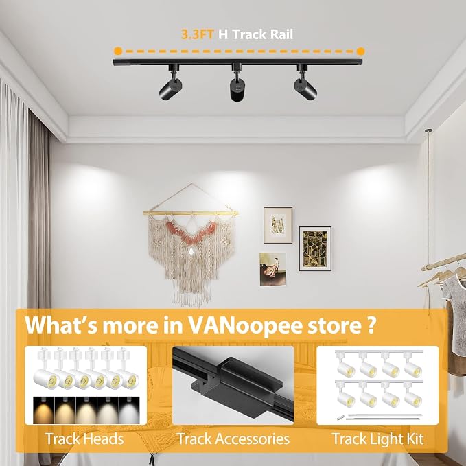 VANoopee H Track Lighting Rails Kit, 3.3FT H Type Track Rails Black with End Caps, Compatible with Single Circuit 120V H Style Track System and H Track Connector, for H LED Track Lighting Heads