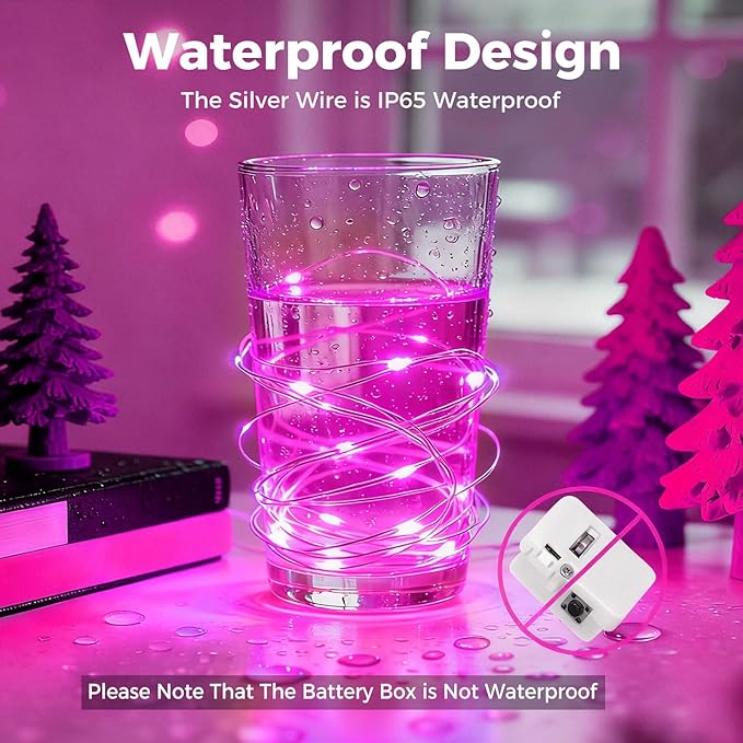 litogo 24 Pack 7FT 20 LED Fairy Lights Battery Operated, 3 Lighting Modes, Bulk Mini Twinkle String Lights Waterproof Silver Wire for Weddings Mason Jars Party Christmas Decorations-Pink
