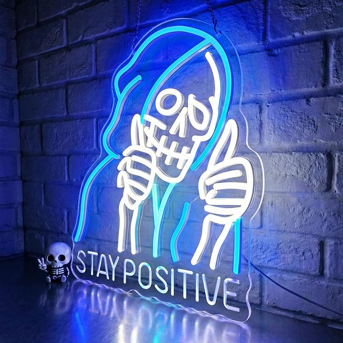 STAY POSITIVE Neon Sign Wall Decor, Motivational Skeleton Lights up, Inspirational LED Sign Halloween Party Decorations for Man Beer Bar Man Cave Pub Garage Workshop