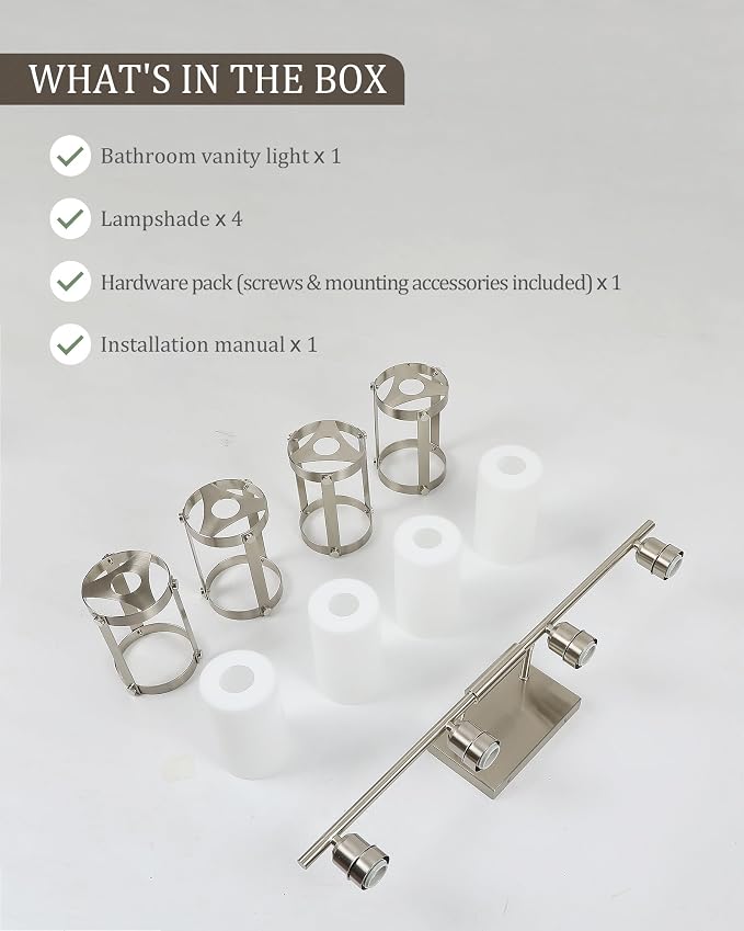 4-Light Brushed Nickel Bathroom Light Fixtures with Milk White Frosted Glass, 29" UL-Listed Modern Wall Sconce Over Mirror with Metal Cage for Bath, Hardwire E26, OS-3014BNW-4W