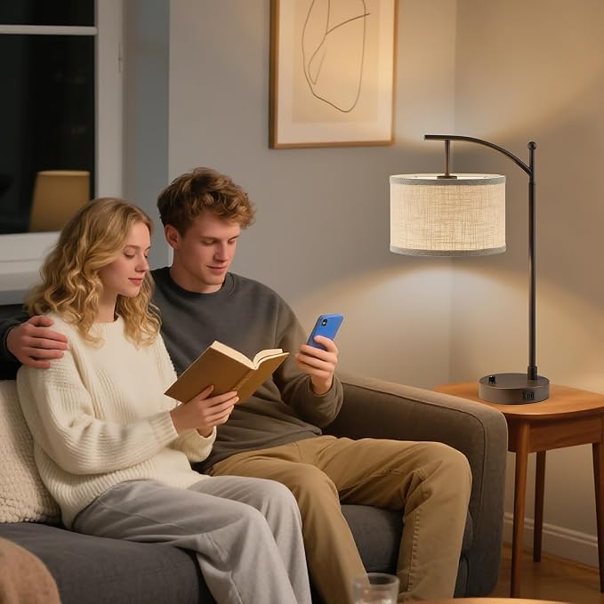 Table Lamp for Living Room Bedroom, 23.5" Table Lamps Set of 2 with USB C+A Ports, Bedside Lamps for Nightstand with Linen Lamp Shades, 2 Dimmable LED Bulbs Included, Brown