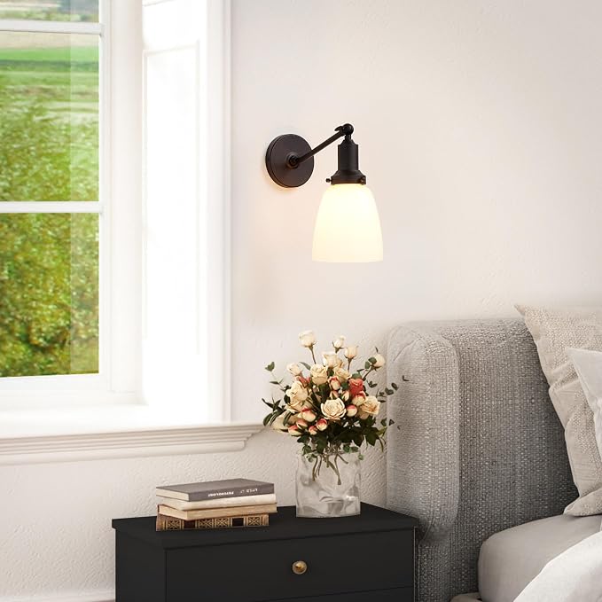 Industrial Vintage Slope Pole Single Sconce with 5.5" Oval Dome White Glass Shade Black Wall Sconce Wall Mount Light Lamp Fixture