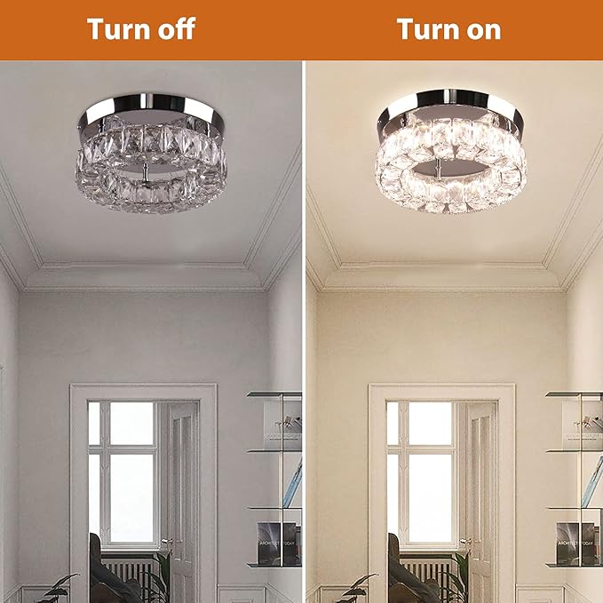 Small Crystal Chandeliers LED Crystal Ceiling Light Semi Flush Mount Light Fixture for Foyer Entryway Crystal Hallway Light Bedroom,9.8",3 Colors Adjustable