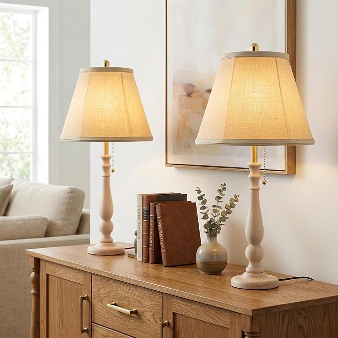 LALISU Farmhouse Table Lamps Rustic Bedroom Lamps for Living Room, 24.41" Boho Bedside Lamp with Chain Switch for Night Stands End Table Office Desk Lamp Nightstand with Linen Shades (Washed White)