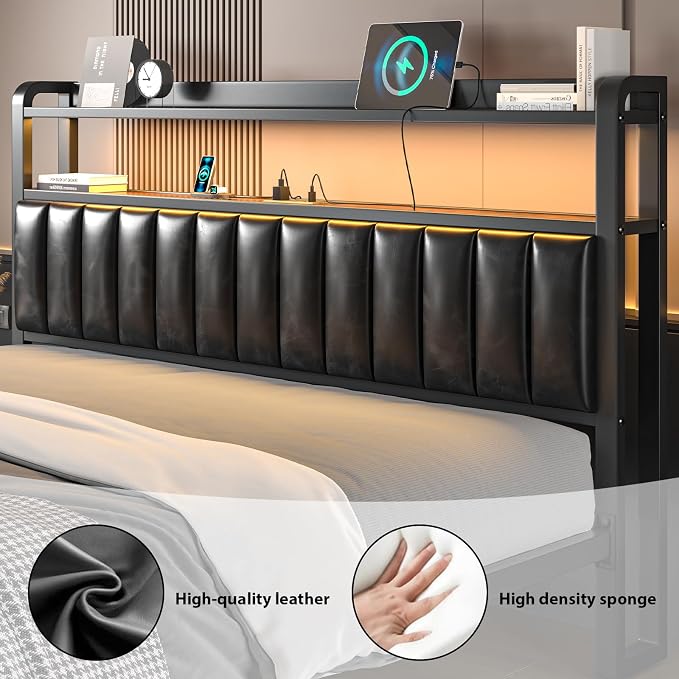 Full Size Bed Frame and Upholstered Storage Headboard, LED Light, Black | Built-in Charging Station, Wheeled Under-bed Drawers, Heavy-Duty Metal Slats, Noise-Free, Easy Assembly, No Box Spring Needed