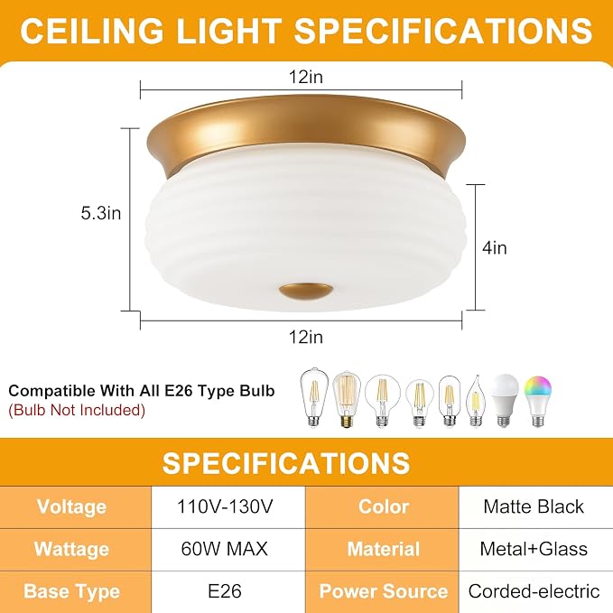 Gold Flush Mount Ceiling Light Fixtures, 2-Light Ceiling Mount for Modern with Clear Milk Glass Shade, Industrial Flush Mount Light Fixture Farmhouse for Hallway Kitchen Bedroom Entryway Foyer