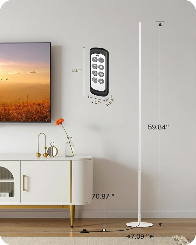 EDISHINE 59.8" Corner Lamp with Remote & 3 Height Settings, Dimmable & 3CCT | Adjustable Color Temperature, Foot Switch, Metal Base, Slim Floor Lamps for Living Room, Bedroom, Study, White