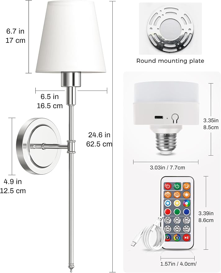 Battery Operated Wall Sconce: Set of 2 Wireless Wall Light 12000mAh | 15 Color Rechargeable Wall Sconces, Sconce Wall Decor Set of 2 for Bedroom, Living Room, Chrome, 24.6in