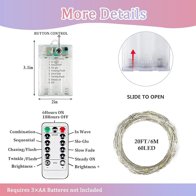 4 Pack Multicolor Fairy Lights Battery Operated with Remote, Waterproof 20FT 60LED Cuttable Twinkle Lights with Timer Indoor Outdoor, String Light for Bedroom, Classroom, Wedding, DIY, Christmas Décor