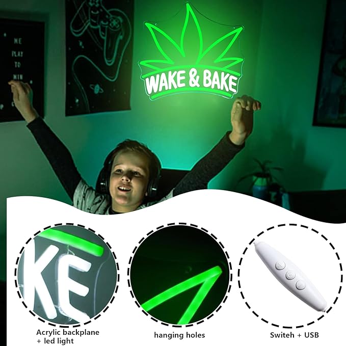 Wake & Bake Neon Signs Green Weed Leaf LED Neon for Bar Decor,Dimmable Wake and Leaf Neon Lights Men Cave Bedroom Living Room Gifts for Christmas Birthday(Green, Wake)