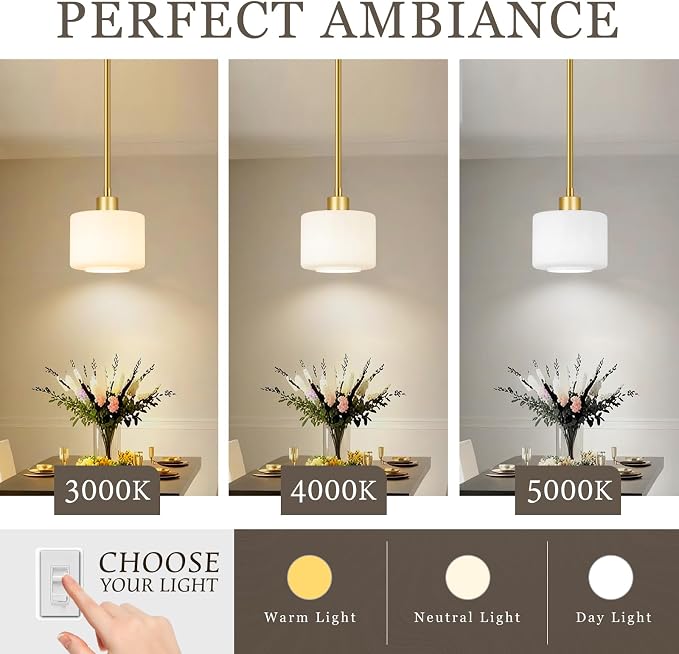 Milk Glass Pendant Lights Kitchen Island, 1-Light Modern Brushed Gold Hanging Light Fixtures with Rods, Mini Kitchen Pendant Lighting Over Island for Sink Bathroom, OS-YQ8153-1PBG