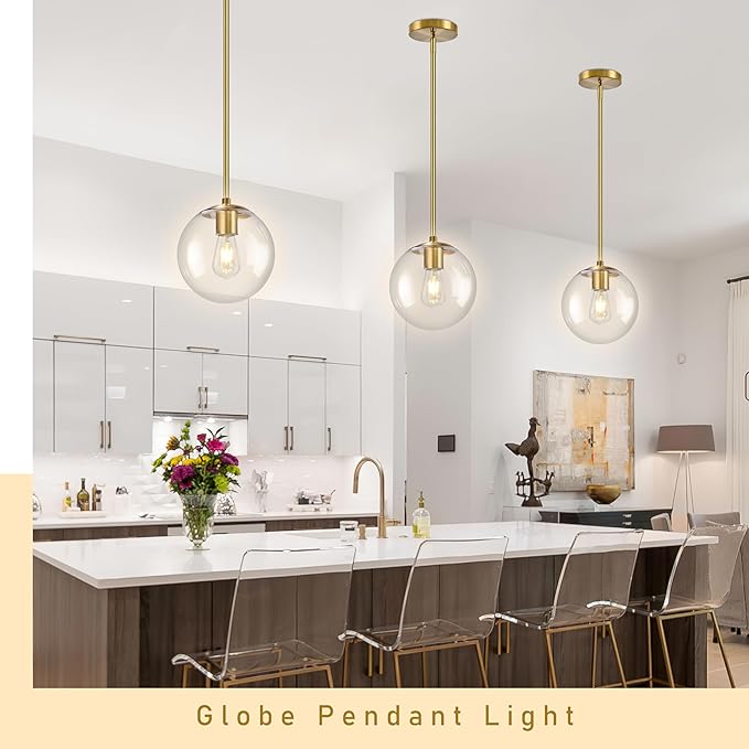 10" Globe Pendant Light Gold 2 Pack Mid Century Pendant Light Globe Pendant Lights Kitchen Island Brushed Brass Finished with Clear Glass Adjustable Ceiling Light Fixtures for Dining Room Bar