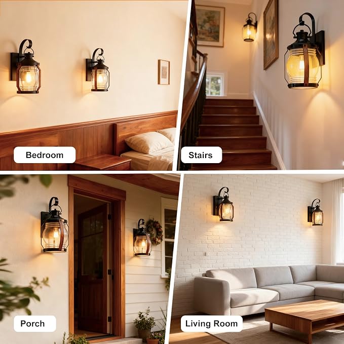 Outdoor Wall Lantern Lights, Black Exterior Wall Sconce Garage Light Fixtures, Farmhouse Outdoor House Lights Wall Mount, Decorative Front Porch Light Waterproof with Barnwood Accents & Glass, 2 Pack