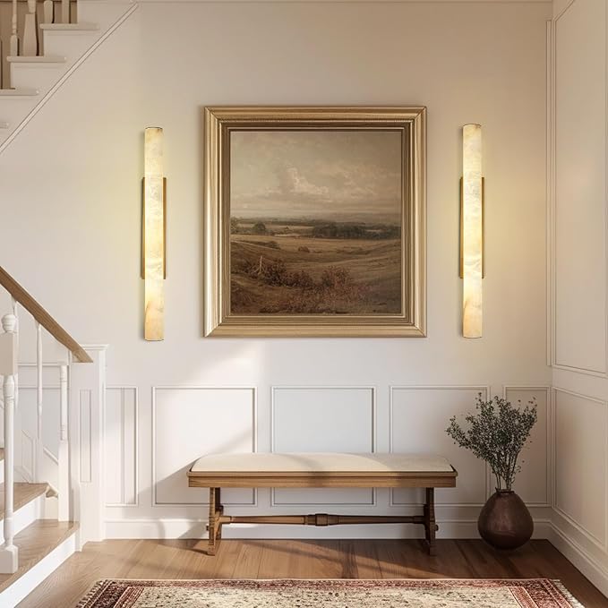 Brass Alabaster Wall Sconces, Spanish Natural Marble Wall Sconce, 36" Long Stone Wall Sconce Dimmable, Gold Alabaster Sconces Wall Lighting Indoor, Marble Wall Light for Bathroom, Living Room, 1PC
