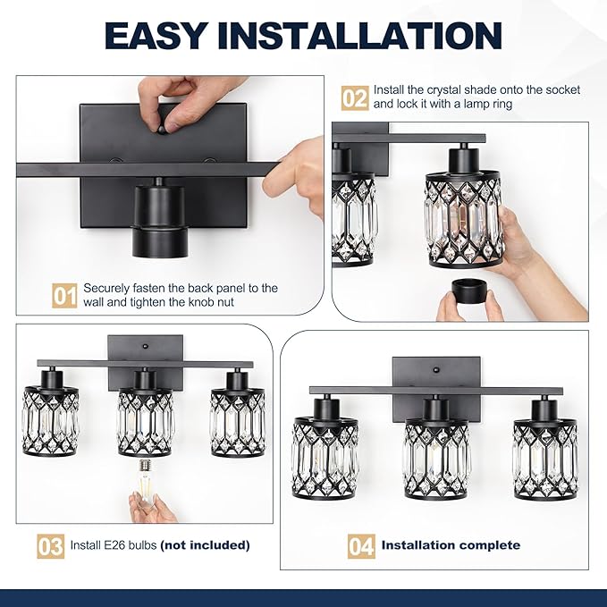 Crystal Modern Bathroom Light Fixtures, 3-Light Brushed Nickel Bathroom Vanity Wall Light, Vanity Lights for Mirror, Restroom, Bedroom (E26 Socket, Bulbs Not Included)