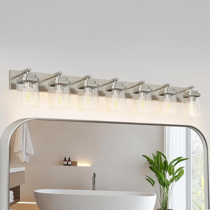 Brushed Gold Bathroom Light Fixtures, 6 Lights Bathroom Lighting Fixtures Over Mirror, Square Design & Rectangle Large Backplate, Modern Vanity Lighting Fixtures, for Living Room/Bedroom