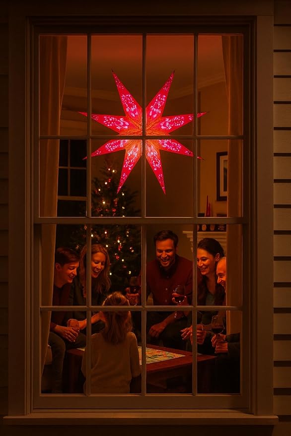 Lantern Lampshade 9 Pointed Paper Star Light Shades Large 60cm Star Hanging Decorations for Christmas Wedding Home Decoration Birthday Party (Glitter Red Pink)