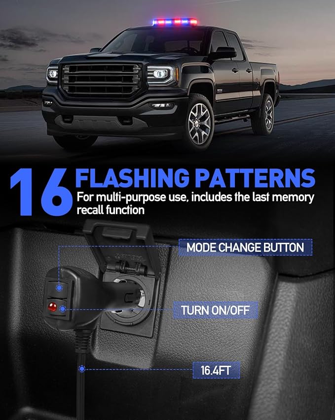 HLauto 406D Rooftop Emergency Strobe Lights Bar, 102 LED Red Blue Mini Beacon Safety Flashing Warning Traffic Lights Bar w/Magnetic Base for 12-24V Trucks, Construction Vehicles, Snowplow, Cars