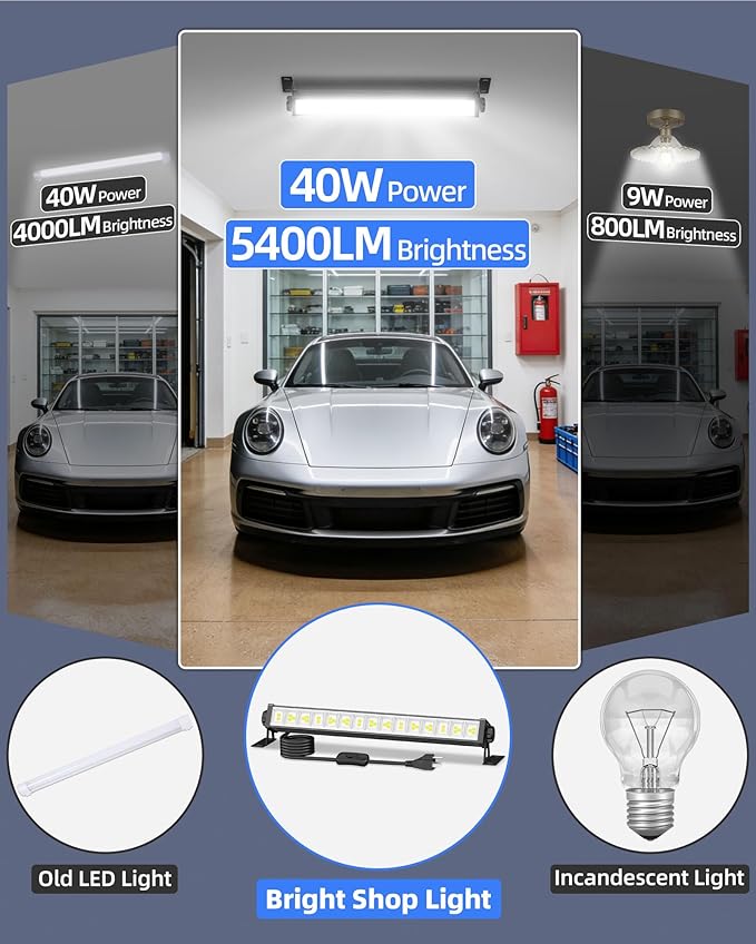 40W LED Shop Light 5400LM Brighter, Plug in Garage Light with On/Off Switch & 6.6FT Cord, 6000K Daylight White Workshop Bay Lighting for Garage Workbench Warehouse Factory Basement