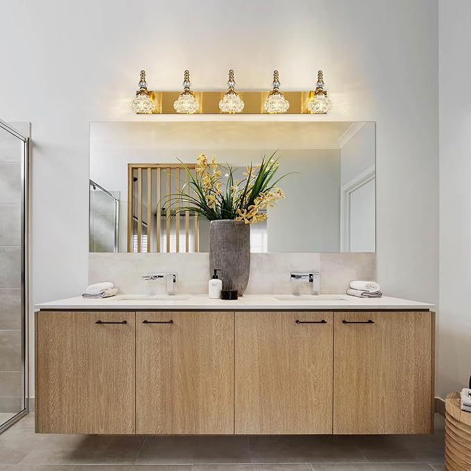 Modern Glass Crystal Vanity Light - Vintage Bathroom Lighting Fixtures Over Mirror, 5 Light Vanity Lights G9 Bulb (35.43 Inch, Gold)