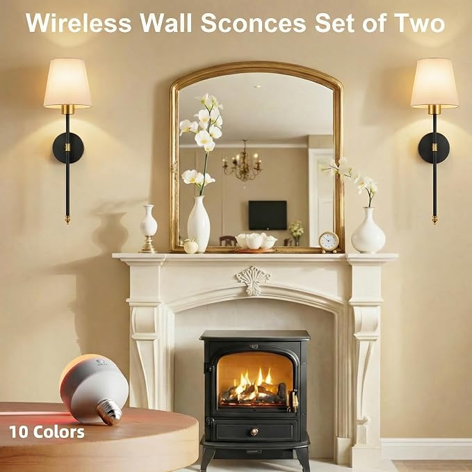 IRONPAX Wall Sconces Battery Operated Set of 2, Wireless Rechargeable Wall Sconce Set of Two, Dimmable Wall Lights with Remote for Bedroom Living Room Hallway Decor (Gold-Black, Fabric Shade)