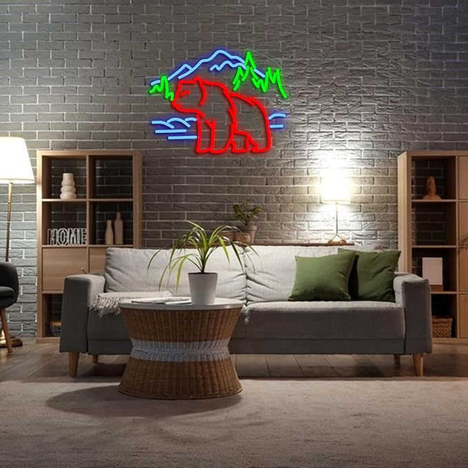 Bear Neon Sign for Wall Decor Dimmable Mountain LED Neon Light Bear Mountains Neon Light Signs Powered by USB for Living Room Hotel Zoo Neon Decor(16.5”*12.6”)
