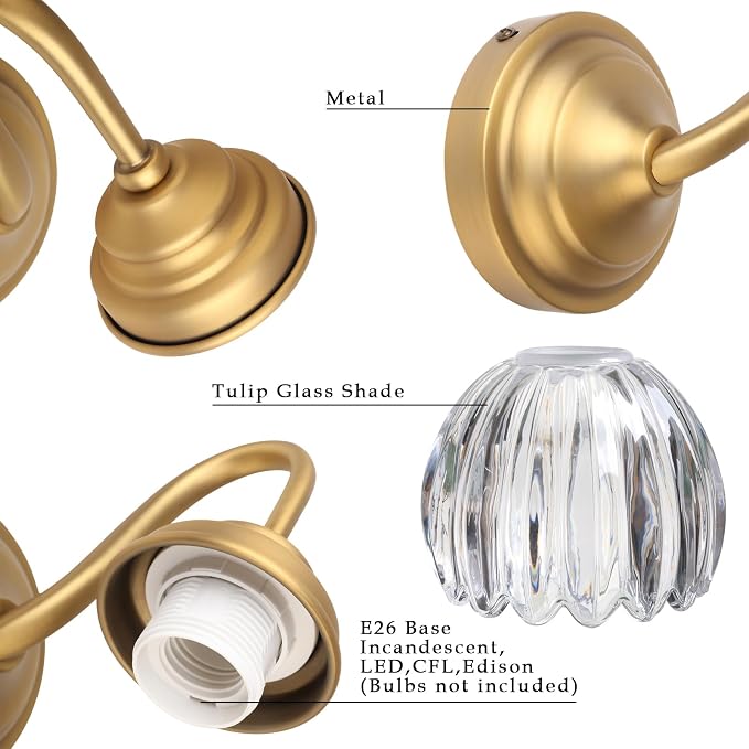 Phansthy Vintage Brass Boho Wall Sconces, Hardwired Wall Lights with Tulip Glass Lampshade, Brass Vanity Lamp Modern Wall Lighting Fixtures for Bedroom, Living Room, Hallway (Antique + Clear Shade)