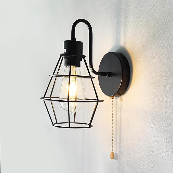 Wire Cage Wall Sconce with Pull Chain 2pack, Hardwire Wall Lights with On Off Switch, Metal Wall Mount Light Fixture Indoor E26 Vintage Black Wall Lighting for Living Room, Bedroom