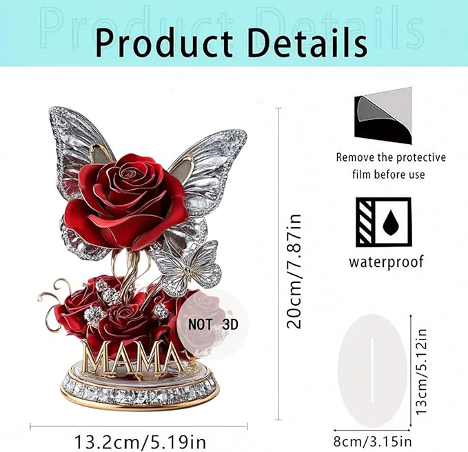 Mother's Day Decor Rose Flower Ornaments 2D Acrylic Desktop Ornament Rhinestones Butterfly Designs DIY Crafts Decoration Gift Mothers Day Flat Ornament for Home Tabletop Decor