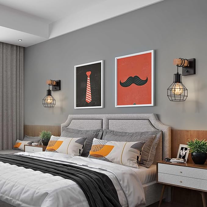 Lightess Set of Two Black Cage Farmhouse Wall Sconces with Dimmer Switch | Metal Cage Frame Adjustable Brightness Wall Mount Light Dimmable Rustic Industrial For Kitchen Living Room Indoor Decor