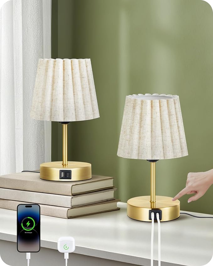 Small Bedside Table Lamps Set of 2, Touch Dimmable Table Lamps with USB Ports, Nightstand Lamps with 2 Stepless Dimming LED Bulbs, E26 Base, for Bedroom, Study, Gold and Beige DE16TLP205