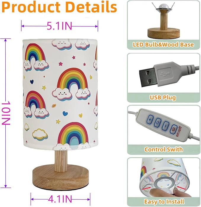 Rainbow Table Lamp,Kids Bedside Lamp for Bedroom Rainbow Decorative Lights 3 Colors Dimmable LED Nightstand Night Light with Cartoon Flaxen Fabric Shade Desk Lamp for Girls Boys Room Nursery Decor