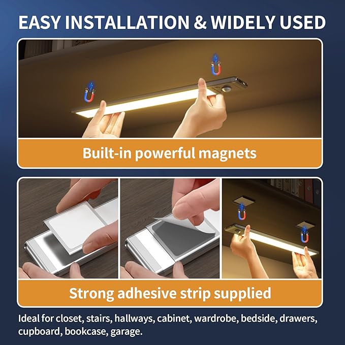 Under Cabinet Lights,88 LED Operated Motion Sensor Light Indoor,2200mAh USB Rechargeable Closet Lights, 6 Pack Magnetic Dimmable Closet Lights,Wireless Under Counter Lights for Kitchen, Stairs