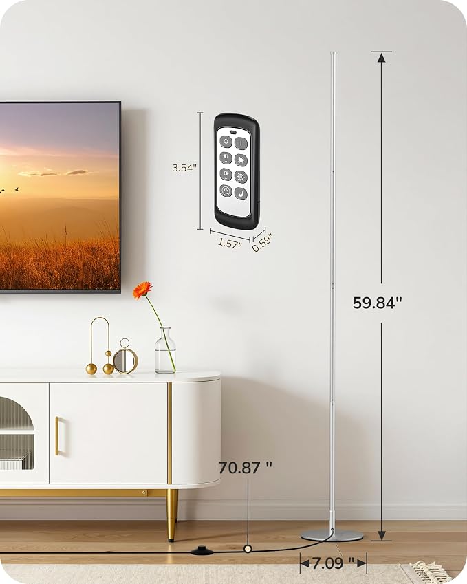 EDISHINE 59.8" Corner Lamp with Remote & 3 Height Settings, Dimmable & 3CCT | Adjustable Color Temperature, Foot Switch, Metal Base, Slim Floor Lamps for Living Room, Bedroom, Study, Silver