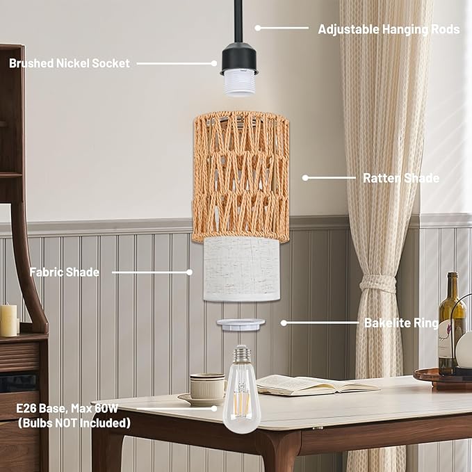 Pendant Light Boho Hanging Lamp - Rattan & Linen 2-in-1 Shade, Adjustable Hanging Lights Fixture for Kitchen Island, Dining Room, Farmhouse, Bedroom (1 Pack)
