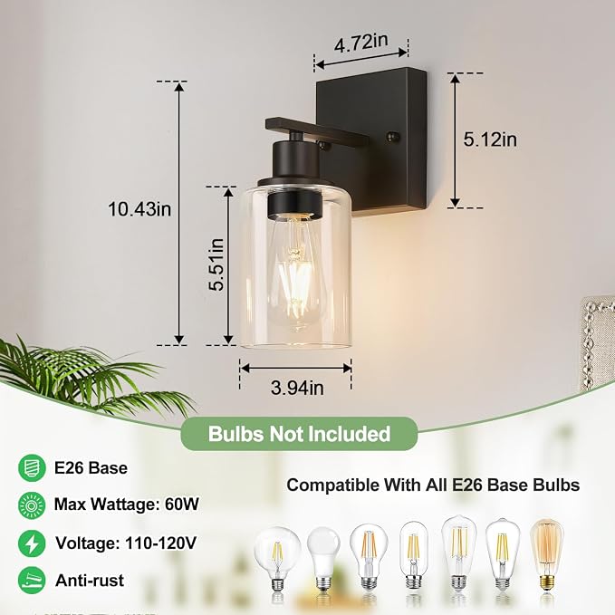 Indoi 1-Light Bathroom Light Fixtures, Matte Black Modern Vanity Lights with Clear Glass Shades, Bathroom Wall Lamp for Mirror Living Room Cabinet Bedroom Porch