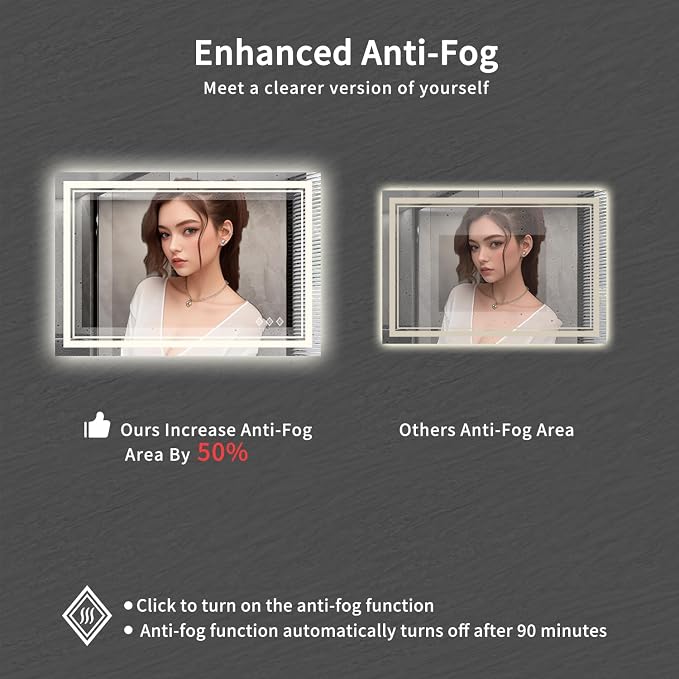 Bathroom Mirror, 44x30 Inch Gradient Front and Backlit Smart Mirror, 3 Colors Dimmable CRI>90 Double Lights, IP54 Enhanced Anti-Fog, Hanging Plates Wall Mount LED Mirror
