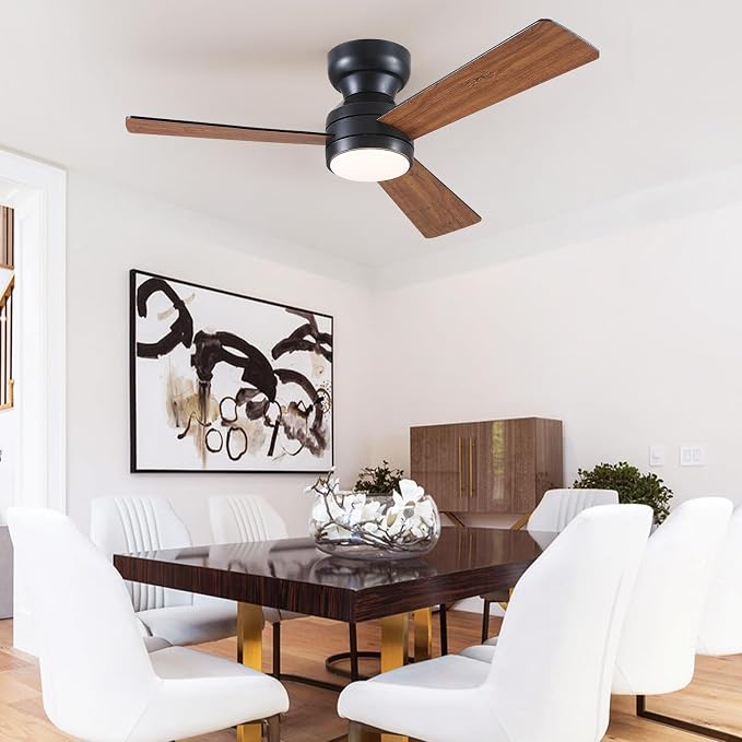 Asyko 46" Brown Modern Low Profile Ceiling Fans with LED Lights and Remote | Flush Mount,Reversible 6 Wind Speeds, Dimmable 3 CCT LED Light, 25W Quiet DC Motor,3 Double-Sided Blades,for Bedroom Kitchen
