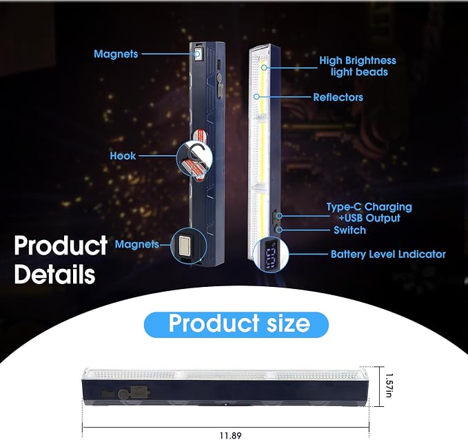 Magnetic Light BAR, 11.81-inches 5000mAh 6000 Lumens Rechargeable Portable Lamp Built in 165 LED Bulbs,with Handy Hook with 2 Magnets Endurance