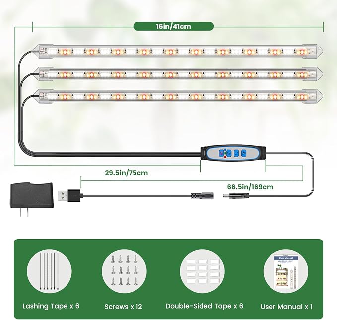 Kullsinss 16in Grow Lights for Indoor Plants, 3-Bar 180 LEDs Full Spectrum | 5000K 15W Plant Light Strips for Indoor Growing, Seedling, Succulent, Plant Lamp with 6/12/16H Auto Timer, 5 Dimmable Levels