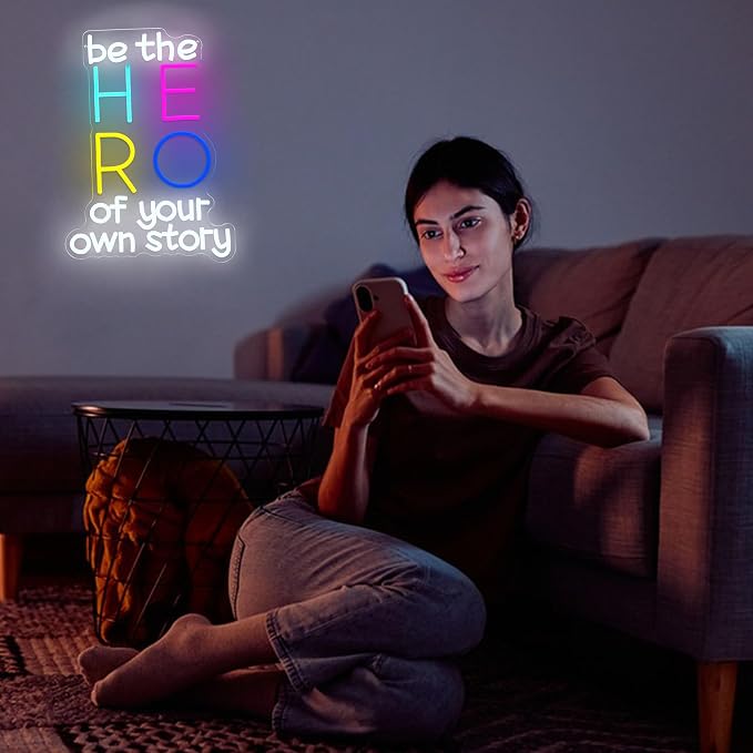 Be The Hero Of Your Own Story Neon Sign Dimmable Be The Hero Neon LED Light Empowering Letters Light LED Sign for Wall Decor Bedroom Classroom Library Shop(11.8 * 16.54In)