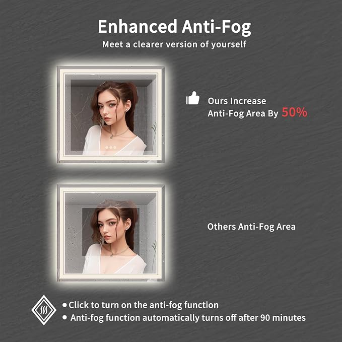 LED Mirror, 40x40 Inch Gradient Front and Backlight Bathroom Mirrors for Wall, 3 Colors Dimmable CRI>90 Double Lights, IP54 Enhanced Anti-Fog, Hanging Plates Wall Mount LED Vanity Mirror