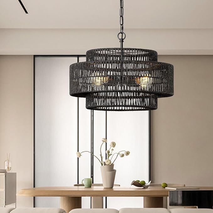 17.7" Black Large Boho Rattan Chandeliers for Dining Room, 4-Light Rattan Hand-Woven Farmhouse Drum Chandelier Pendant Light Fixture for Kitchen Island Bedroom Living Room Entryway Foyer